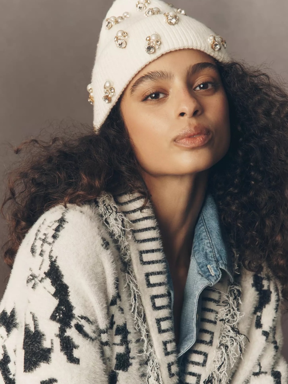 Anthropologie cream jewel embellished winter beanie hat